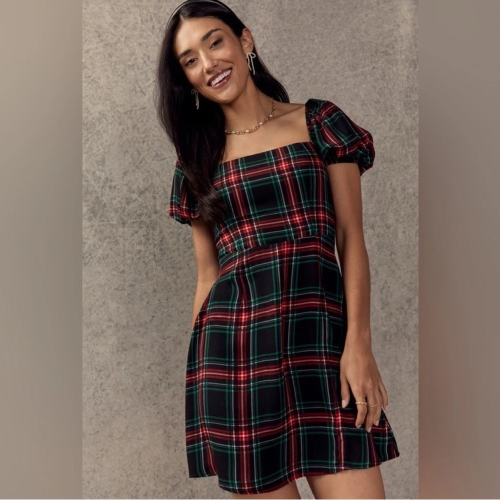 Francesca's Collections Red and Green Plaid Mini Dress